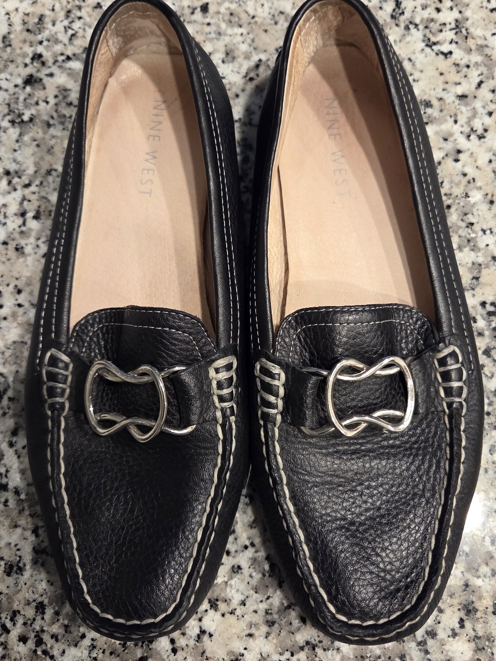 Nine West Black Leather Moccasin Loafers with Silver Hardware